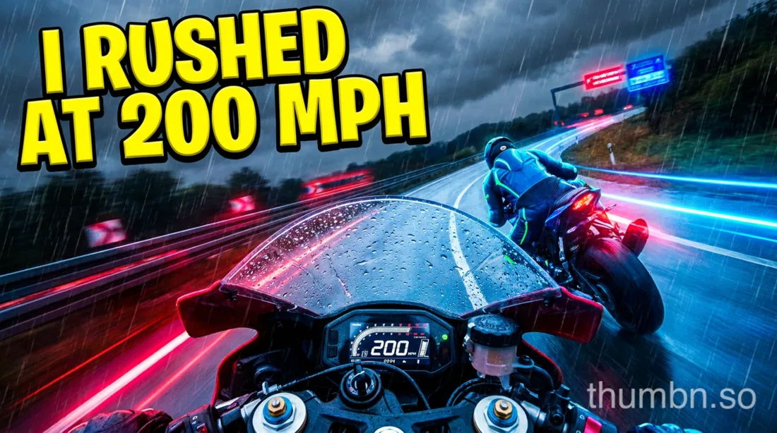 AI-generated YouTube thumbnail: a motorcycle rider at speed in the rain with the headline "I rushed at 200 MPH"